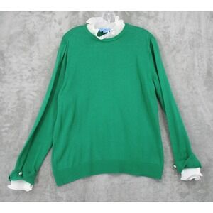 CeCe Sweater Womens XL Kelly Green Pullover Ruffle Pearl Cuff Trim Coquette Knit